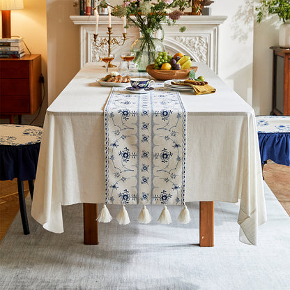 Annette Blue Block Tassel Table Runner