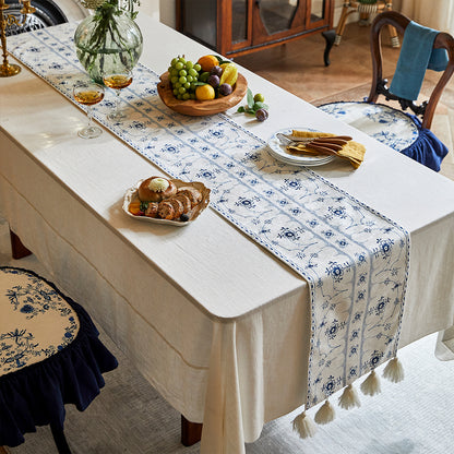 Annette Blue Block Tassel Table Runner