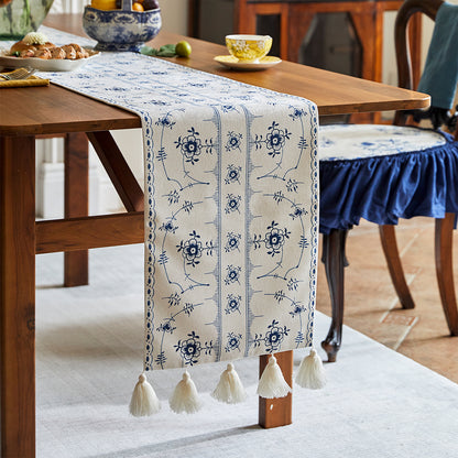 Annette Blue Block Tassel Table Runner