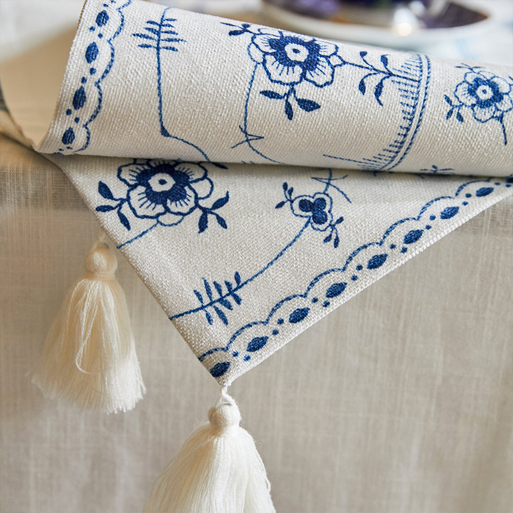 Annette Blue Block Tassel Table Runner