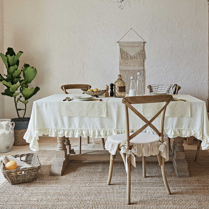 Sophia Cream White Linen Ruffle Tablecloth