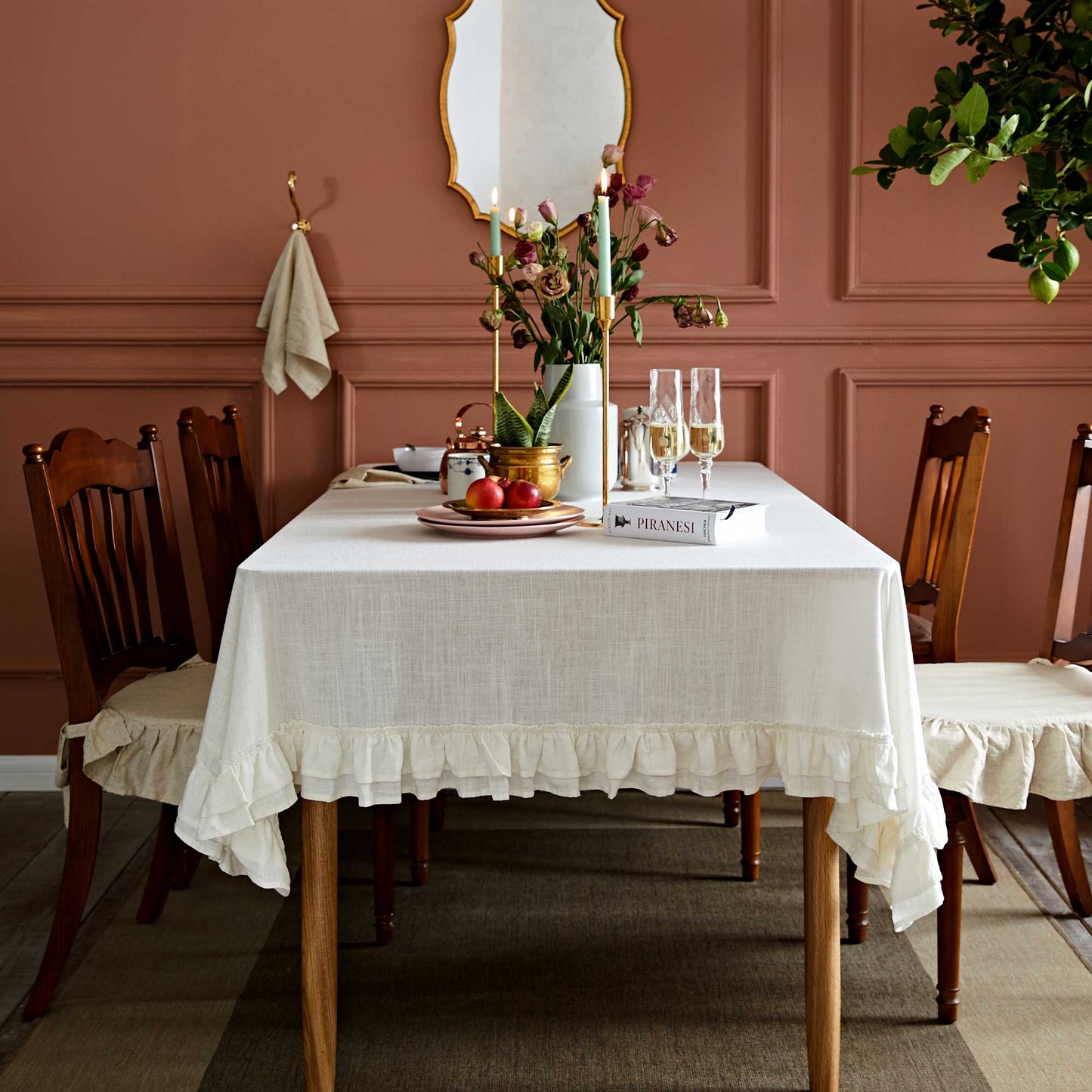 Sophia Cream White Linen Ruffle Tablecloth