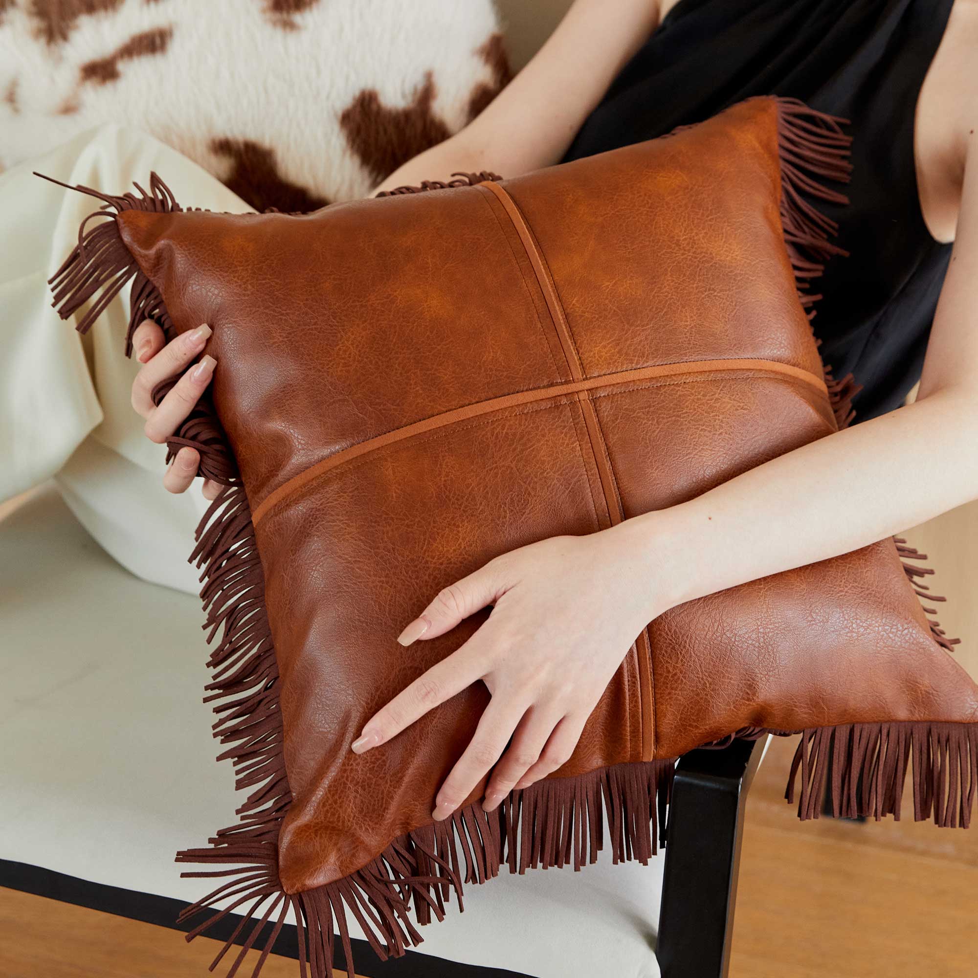 Rustler Custom Brown Leather Throw Pillow Cover