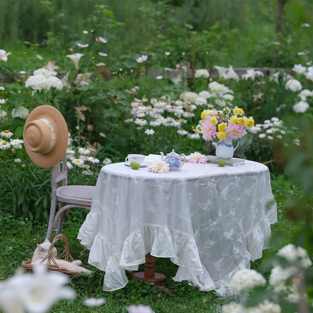 Celestine Graceful Ruffled Lace Butterfly Tablecloth