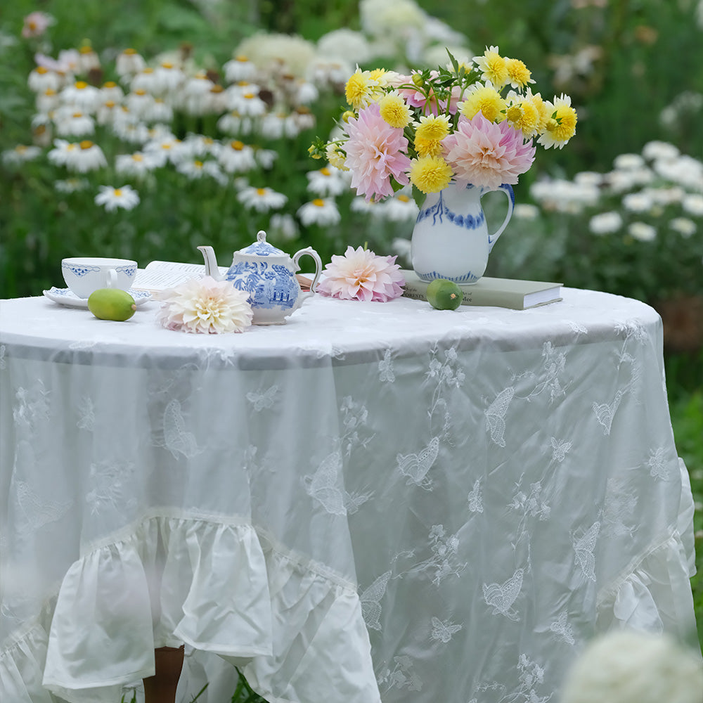 Celestine Graceful Ruffled Lace Butterfly Tablecloth