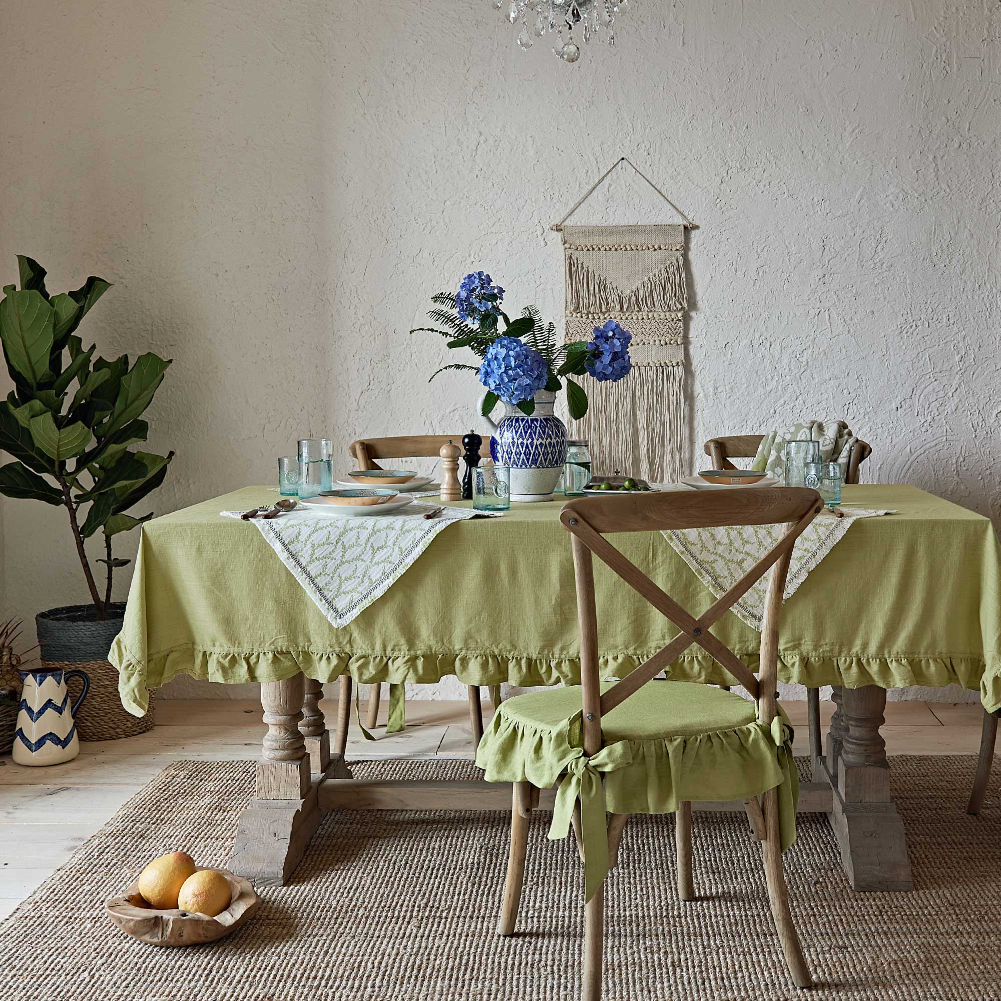 Sophia Green Ruffled Linen-Viscose Tablecloth