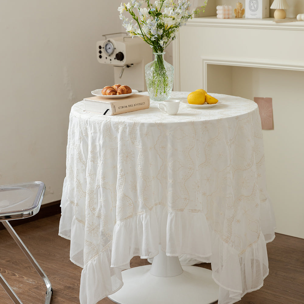 Ethereal Romantic White Ruffle Lace Tablecloth