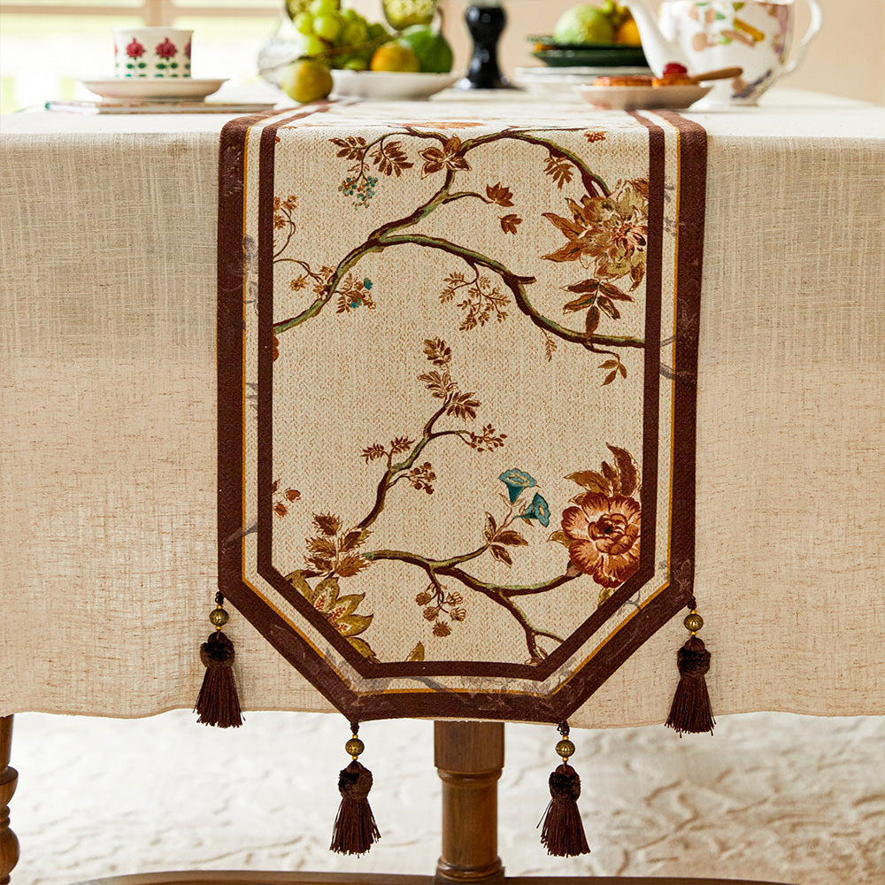 Ivy Oriental Floral Print Tassel Table Runner