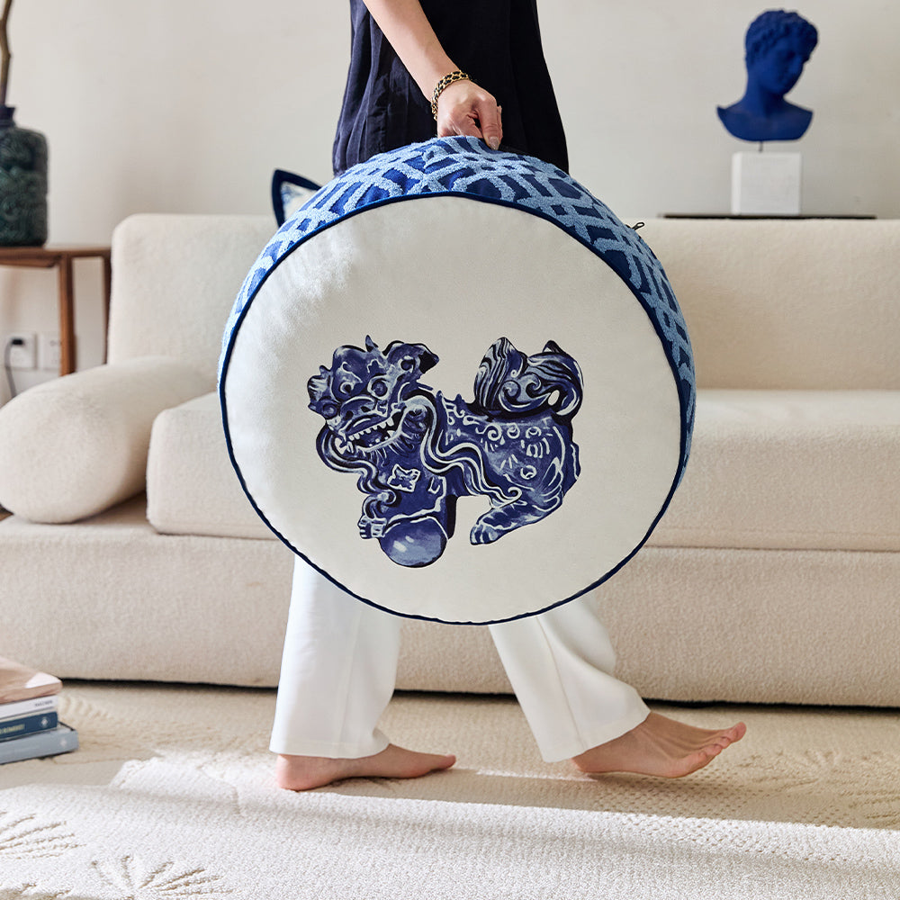 Nimbus Oriental Blue Lucky Print Velvet Ottoman Cushion