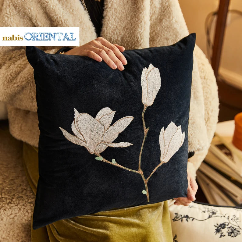 Magnolia Oriental Floral Black Throw Pillow Covers