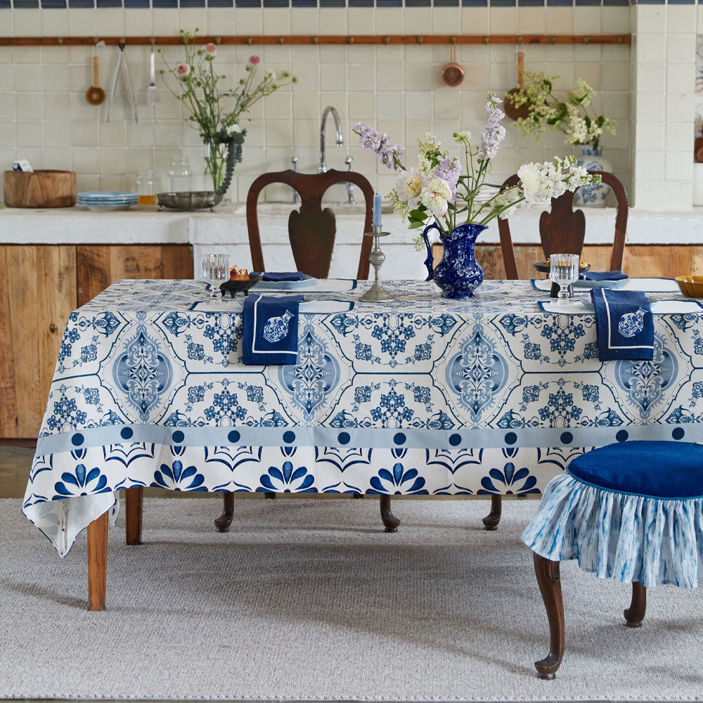 Delft Blue and White Porcelain Print Linen Tablecloth