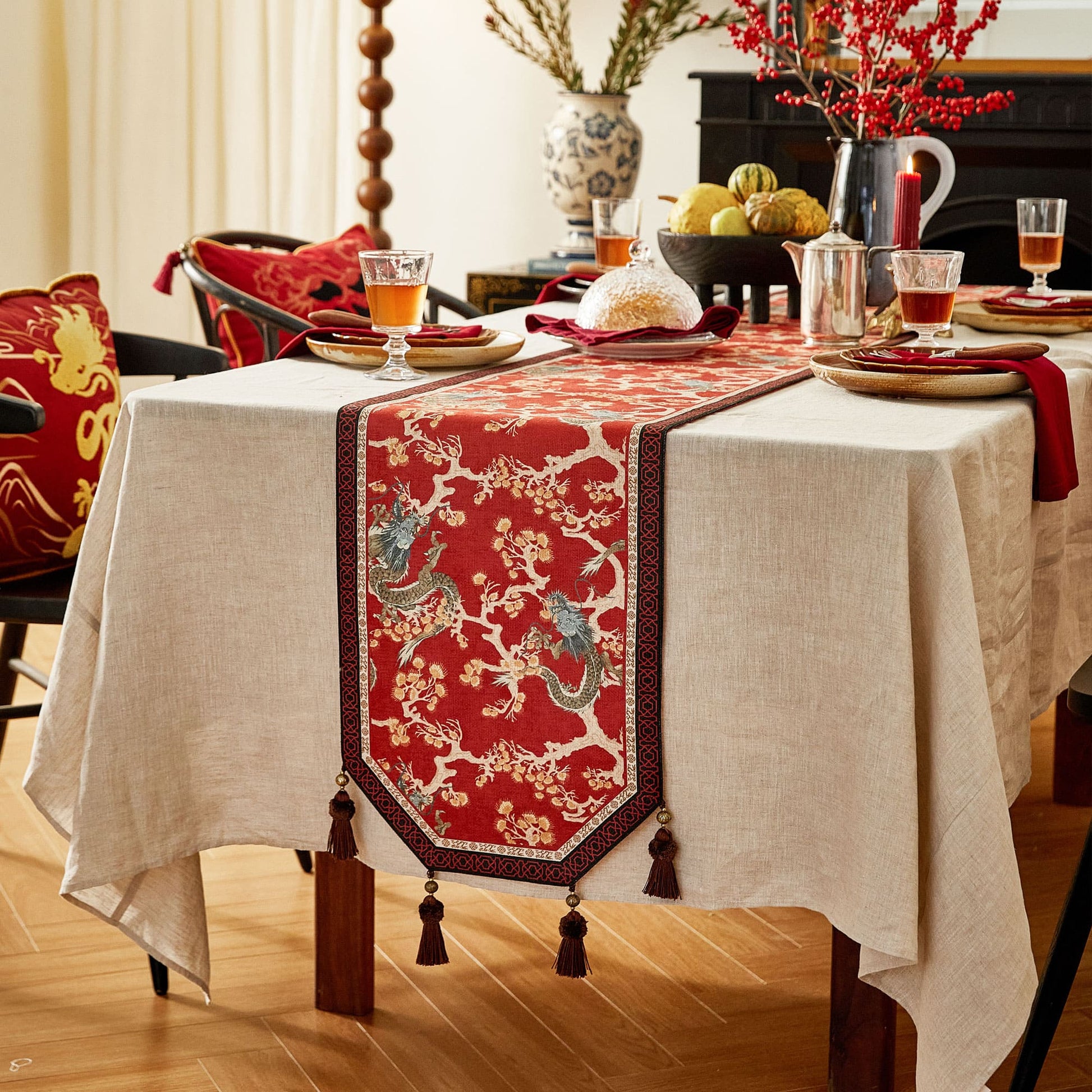 Nabis Dragon Patterned Oriental Style Animal Table Runner 