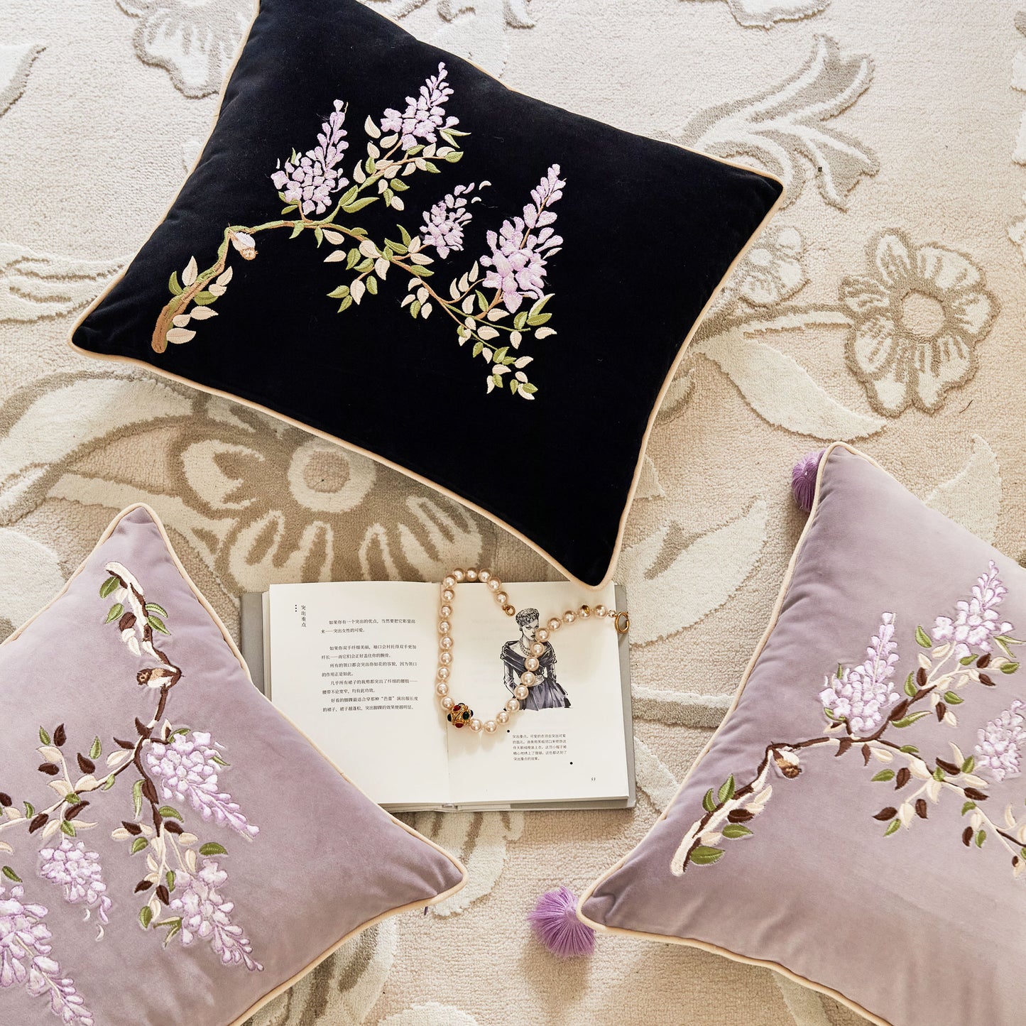 Nabis Embroidery Wisteria Velvet Throw Pillow Cover