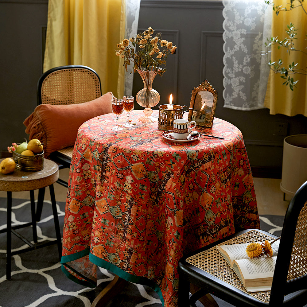 Nabis Orange Red Boho Country Linen Custom Tablecloth