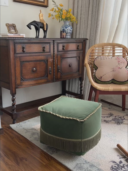 Verde Custom Retro Green Velvet Ottoman Cushion with Tassel Accents