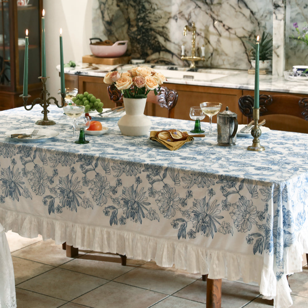 Sylvana Grace Petal Blue Ruffle Floral Tablecloth